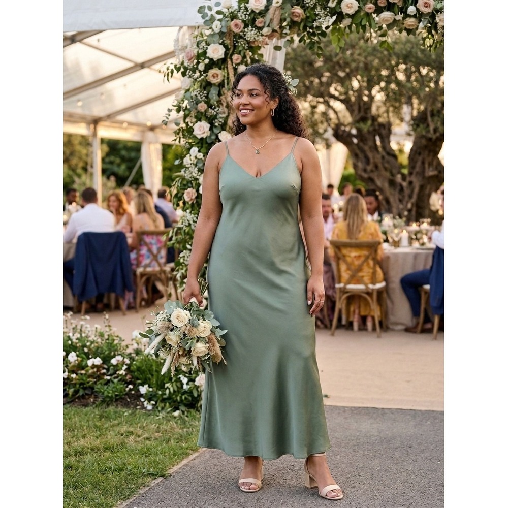 Jenny Yoo Collection Sage Green V-Neck Maxi Slip Dress Size 18